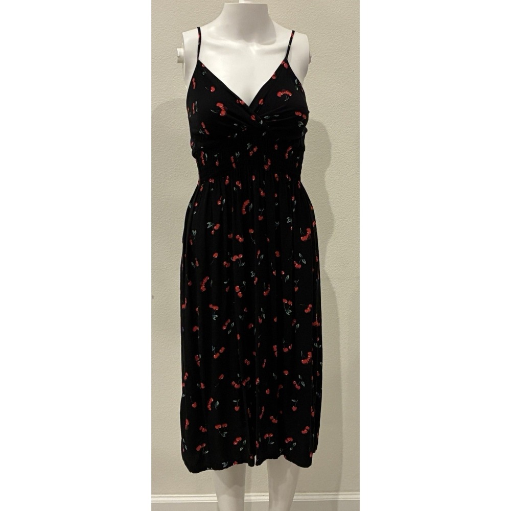 Cherry Print Babydoll Midi Dress Size M Black/Red‎ Y2K 90s Coquette Rockabilly